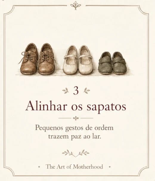 Cartão 3: Alinhar os sapatos. Pequenos gestos de ordem trazem paz ao lar.