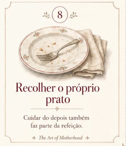 Cartão 8: Recolher o próprio prato. Cuidar do depois também faz parte da refeição.