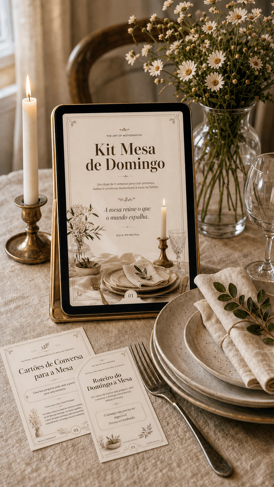 Tablet com o Kit Mesa de Domingo entre velas, flores e materiais impressos.
