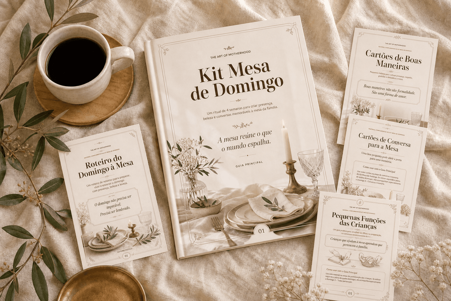 Guia principal, roteiro, cartões de conversa, boas maneiras e funções das crianças do Kit Mesa de Domingo.