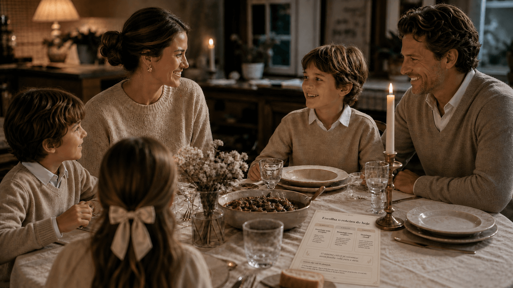 Mãe, pai, dois meninos e uma menina reunidos e conversando à mesa de domingo.