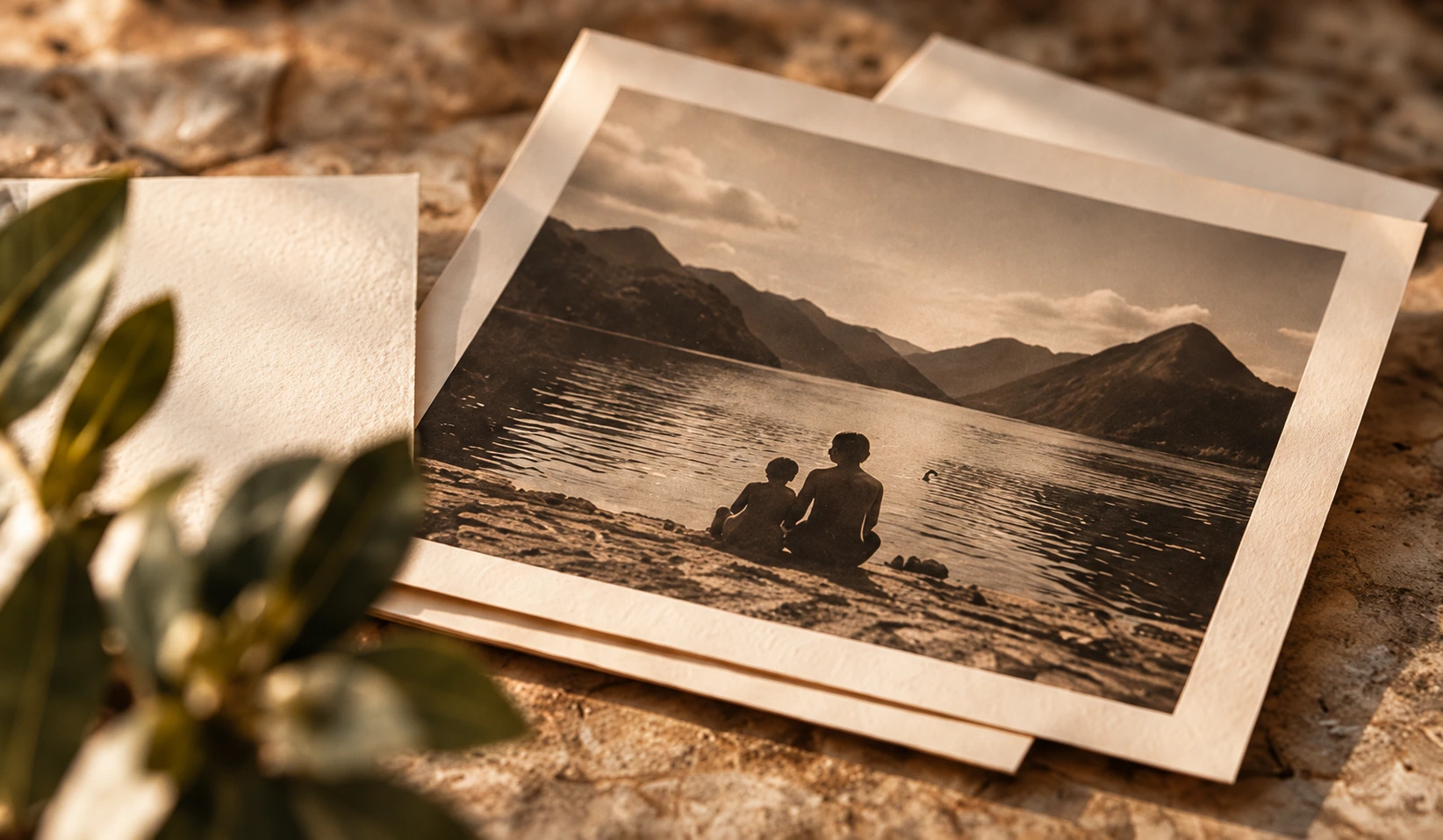 Fotografia de uma mãe e uma criança junto ao lago, sobre anotações sem escrita e ramos.
