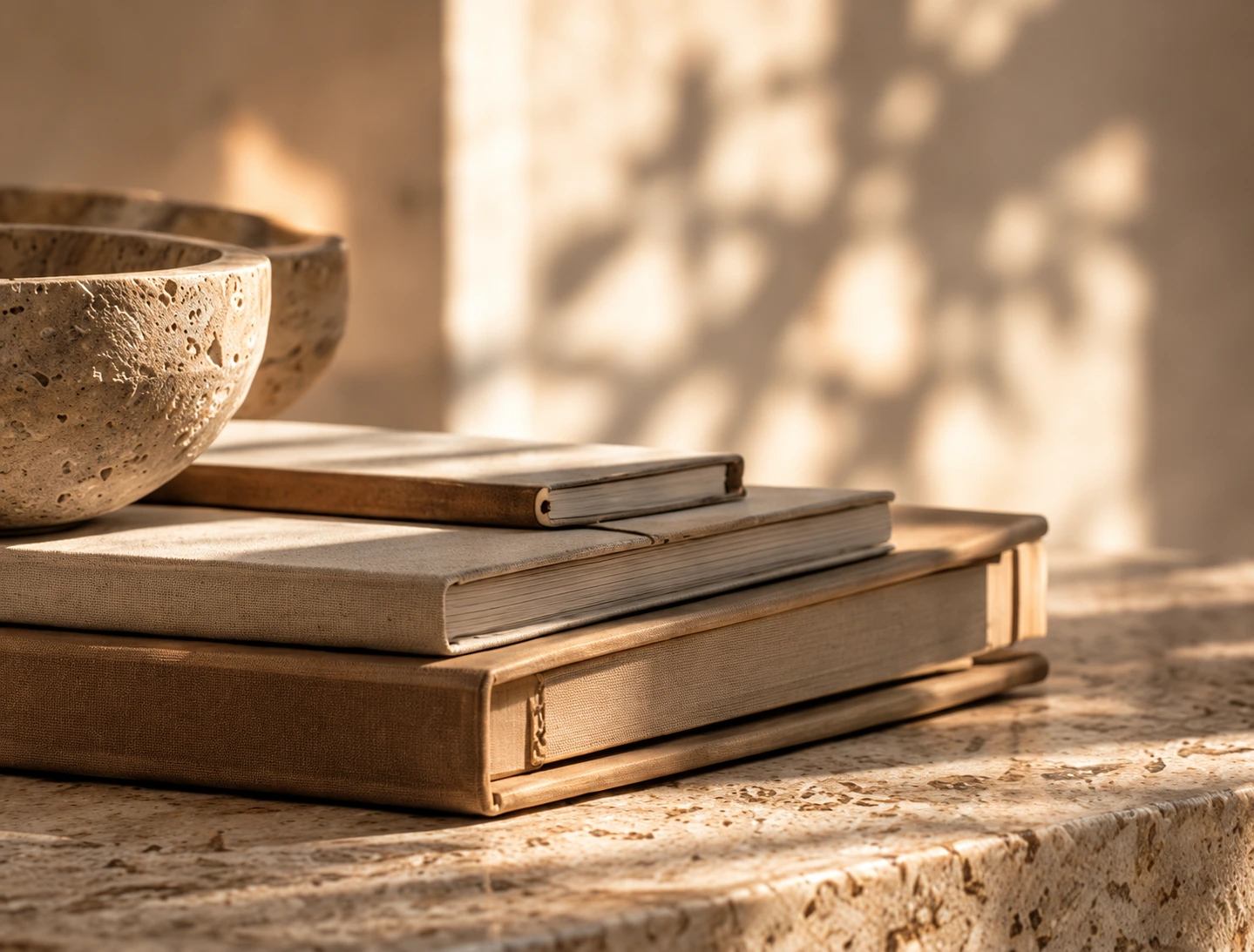 Livros e cadernos sobre a mesa, com uma tigela e luz natural.