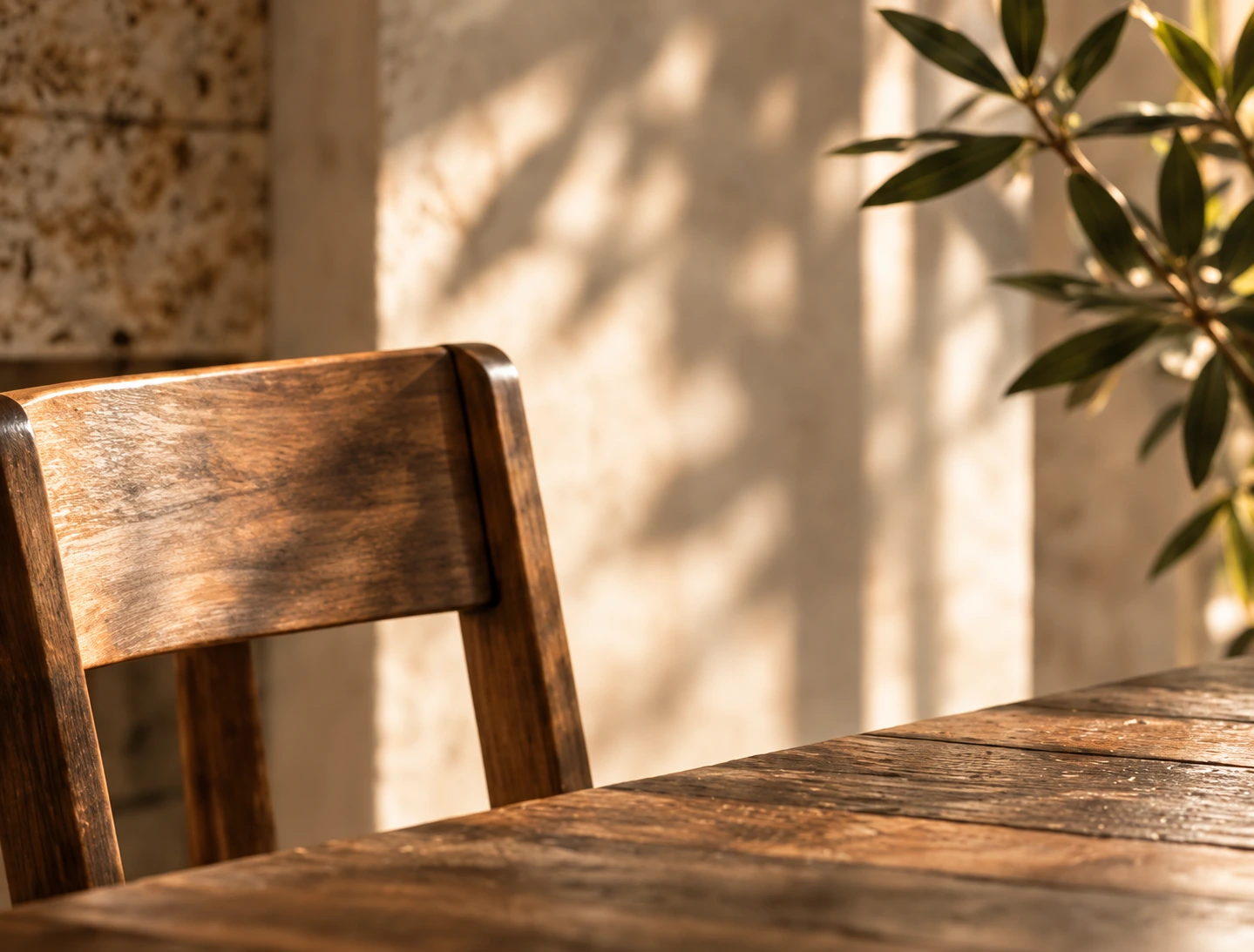 Cadeira e mesa de madeira, com ramos e luz natural.