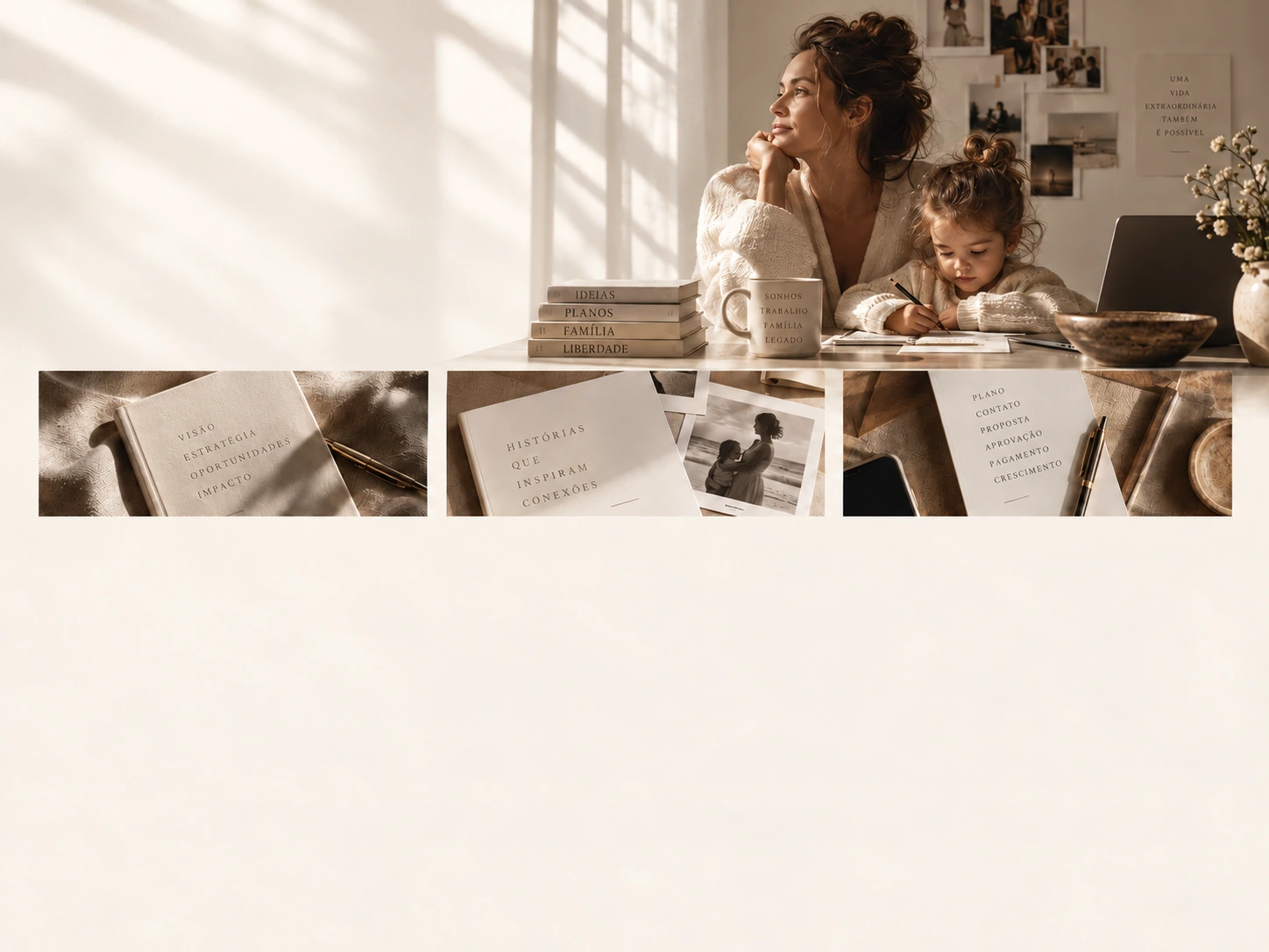 Uma criadora e uma criança lado a lado à mesa, com livros, cadernos e luz de janela.